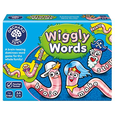 Orchard Toys Wiggly Words Game box with letter tiles and word building theme