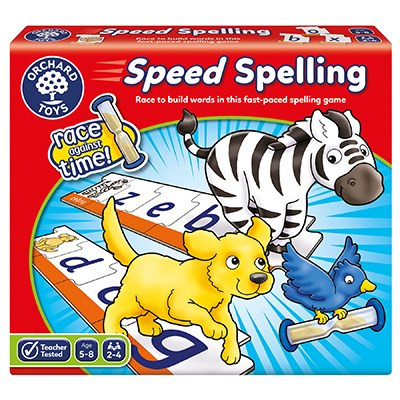Orchard Toys Speed Spelling Game box with fast-paced spelling race theme