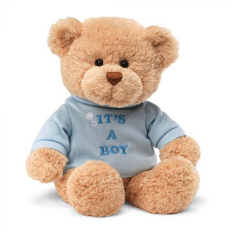Gund plush teddy bear in tan fur wearing light blue shirt with "It's A Boy" text embroidered on front