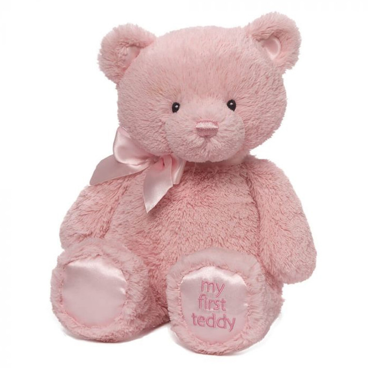 GUND My First Teddy Bear pink 38cm, full body seated pose, soft pastel pink plush with embroidered face