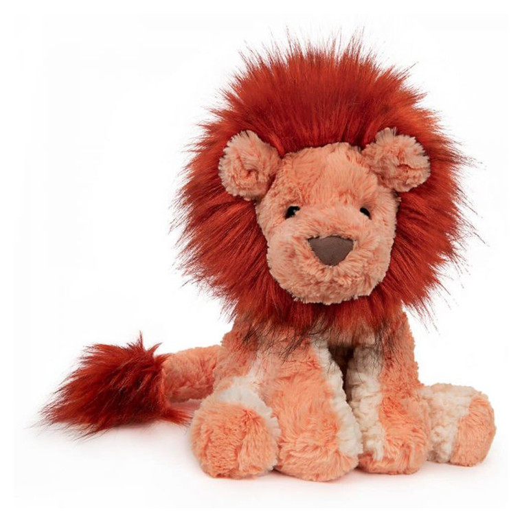 Gund Cozys plush lion toy with peachy-tan fur, rust-red fluffy mane and tail, sitting against white background