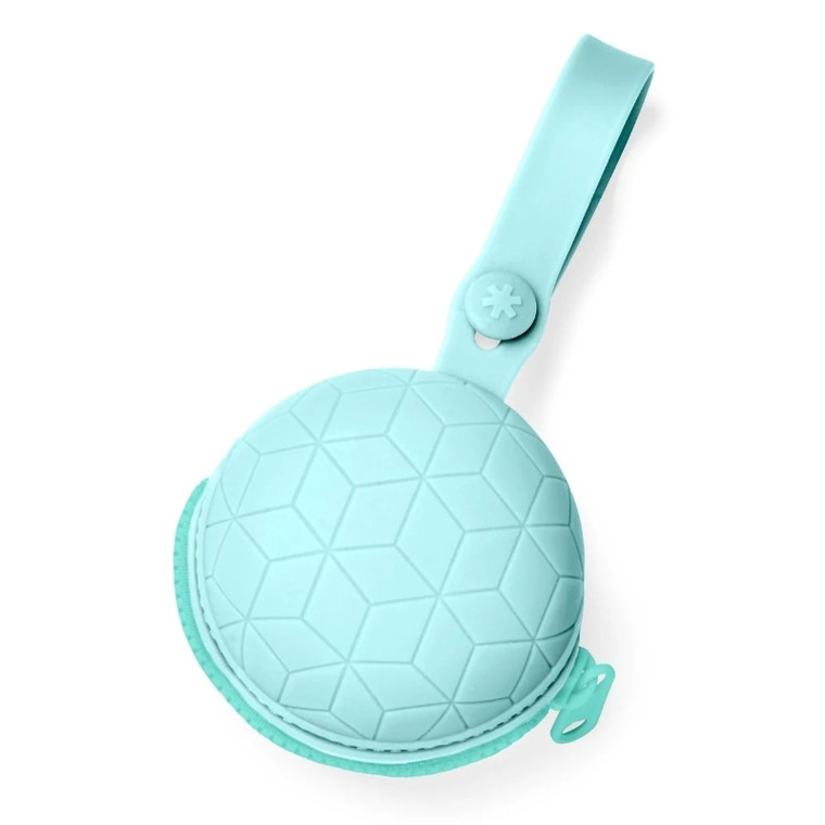 Skip Hop turquoise silicone pacifier holder with geometric pattern and snap strap on white background