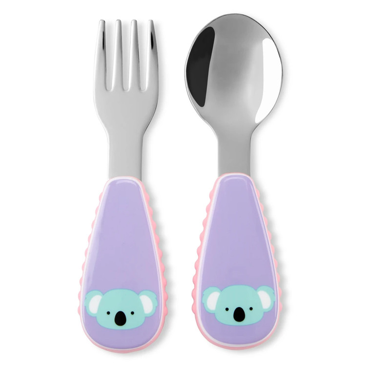 Skip Hop stainless steel fork and spoon set with purple handles featuring cute koala design for toddlers