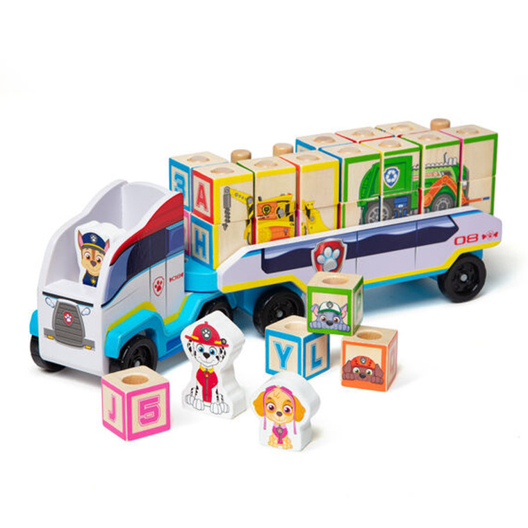 Melissa & Doug Paw Patrol wooden block truck toy with colourful alphabet blocks and character figures on white background