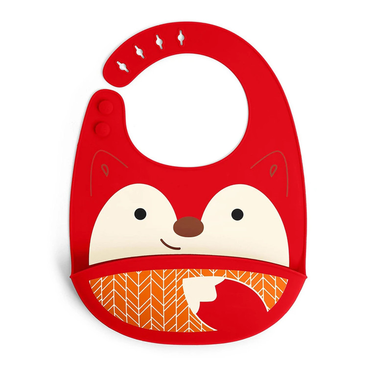 Skip Hop red silicone baby bib with fox face design, fold-out crumb catcher and adjustable neck closure
