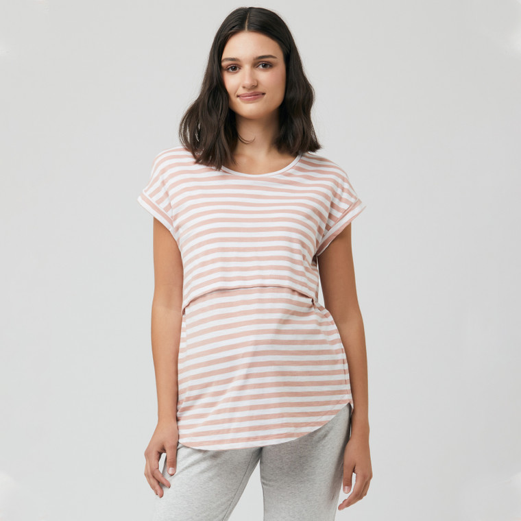 Ripe Maternity Lionel Short Sleeve Nursing Tee - Dusty Pink/White Detail | Peekaboo Baby