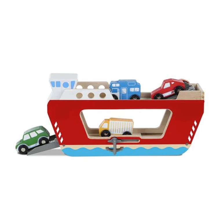 Melissa and Doug Wooden Ferryboat toy with car ramp lowered showing vehicles
