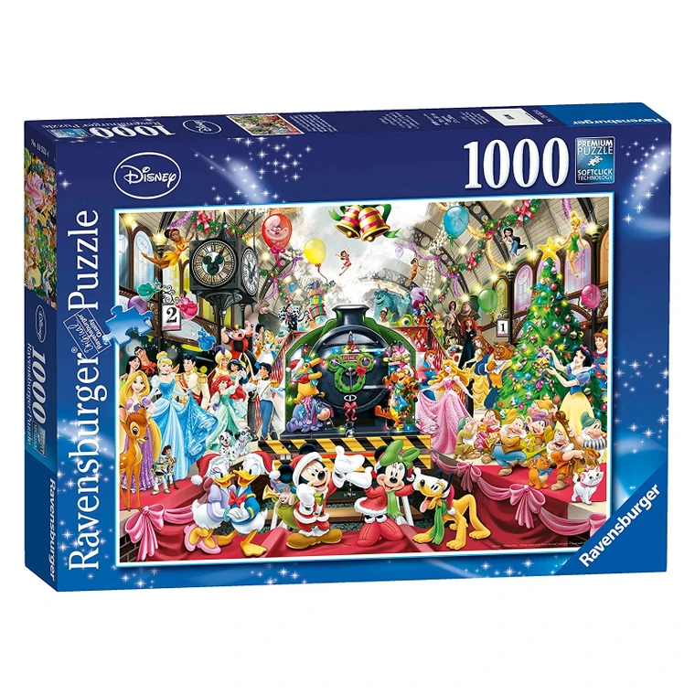 Ravensburger All Aboard for Christmas 1000 piece jigsaw completed showing Christmas train in winter wonderland