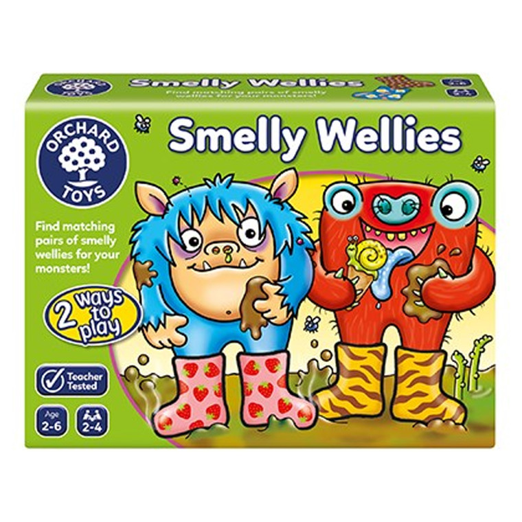 Orchard Toys Smelly Wellies Game box with comically illustrated smelly wellington boot characters