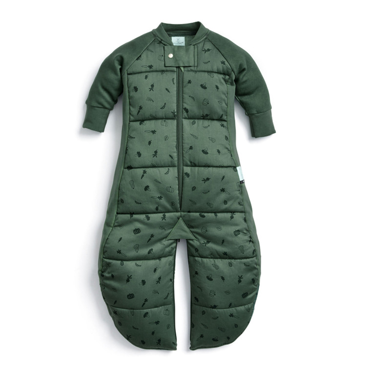Green quilted baby sleep suit with vegetable print pattern, full-length zipper and fold-over foot design by ergoPouch