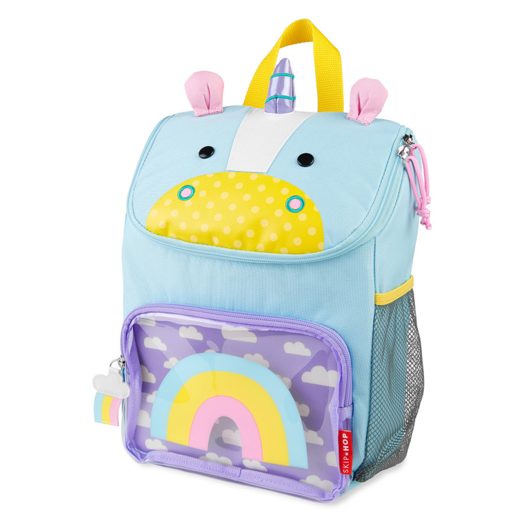 Skip Hop Zoo unicorn backpack for kids in light blue with yellow polka dot snout, pink ears, purple horn and rainbow pocket