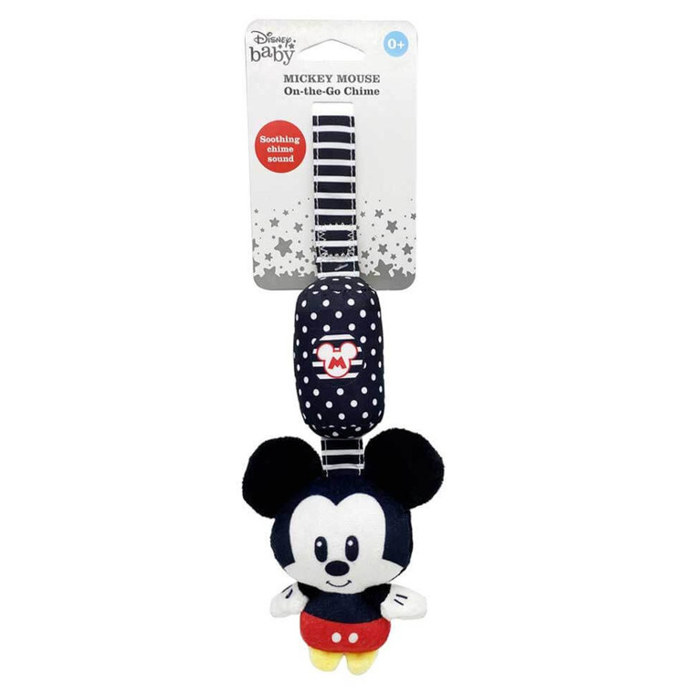 Disney Baby Mickey Mouse On-the-Go Toy Chime clipped to pram bar in use