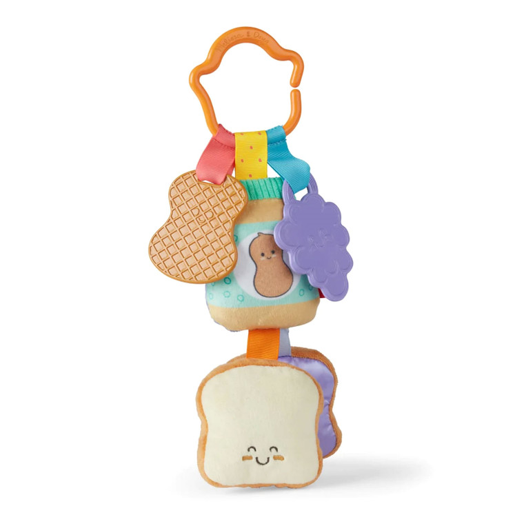 Melissa & Doug plush peanut butter and jelly stroller toy with colourful ribbons, teether ring and smiling toast character