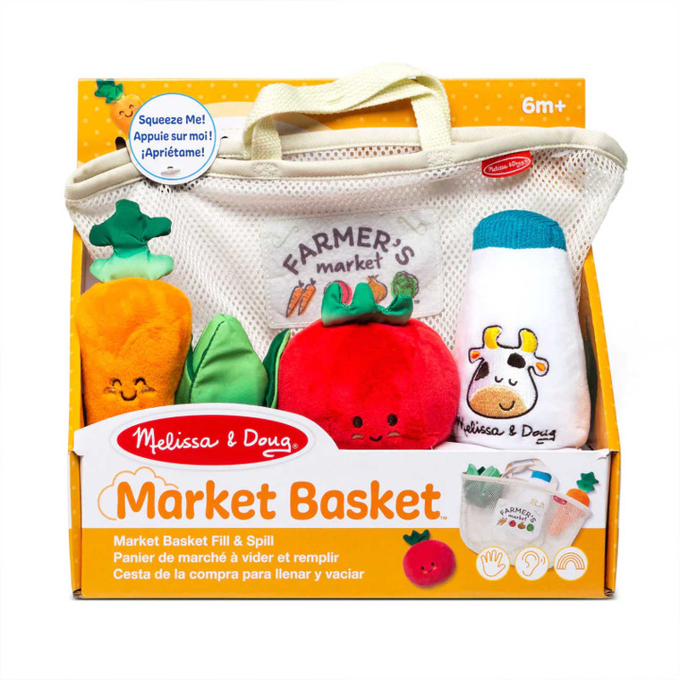 Melissa and Doug Farmer's Market mesh basket toy with plush vegetables and milk bottle for babies 6 months plus