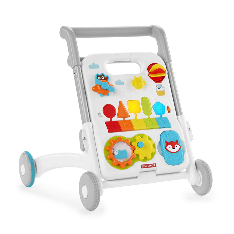 Skip Hop baby walker with colourful activity panel featuring piano keys, gears, owl and fox characters on white background