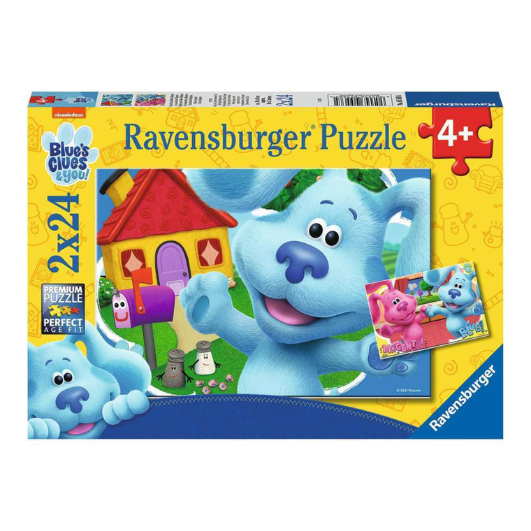 Ravensburger Blues Clues 2x24pc puzzle box featuring Blue the dog and Josh in two fun scenes