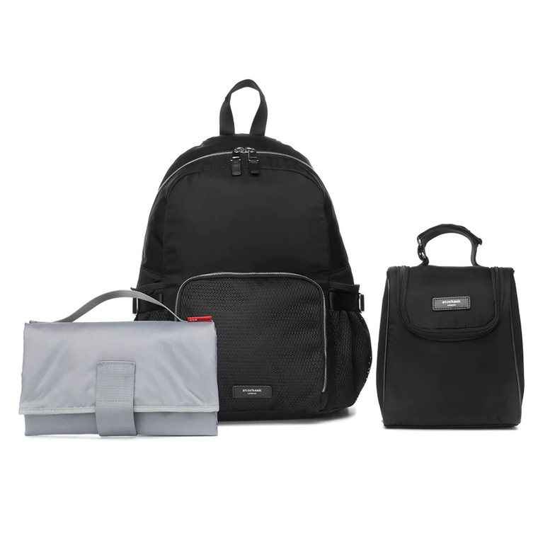 Storksak Eco Hero black nappy backpack with grey changing mat and black lunch bag on white background