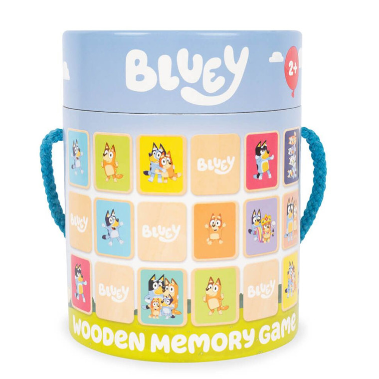 Bluey Wooden Memory Game in cylindrical blue container with colourful character cards and rope handles on white background
