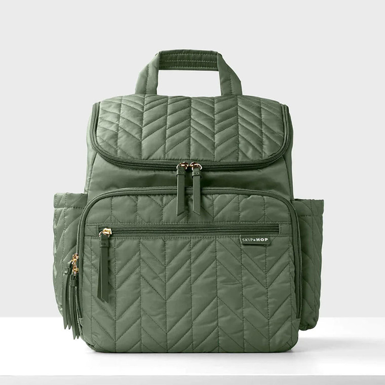Skip Hop Forma quilted nappy backpack in dark sage green with chevron pattern and multiple zippered pockets