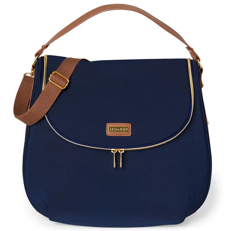 Skip Hop Curve Satchel nappy bag in navy blue with brown leather straps and gold hardware on white background