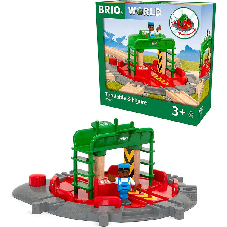 BRIO wooden train turntable with red rotating platform, green overhead structure, figure and packaging shown on white