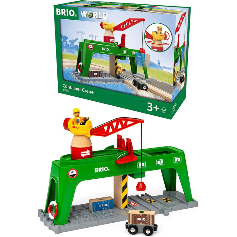 BRIO Container Crane Train Set (33996) - Container Crane, Construction Figure, Wooden Cargo, Cargo Wagon, Lifebuoy