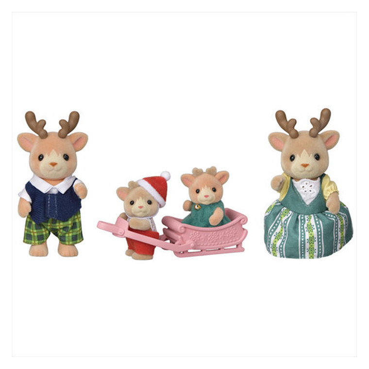 Sylvanian Families Reindeer Family set with four figures in festive clothing, pink sleigh and Christmas accessories on white