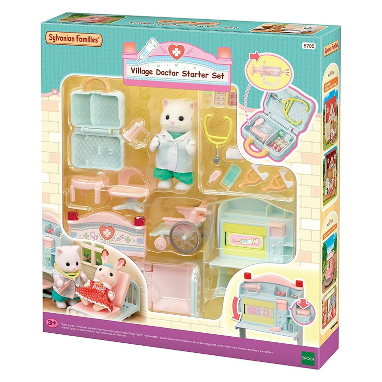Sylvanian Families Village Doctor Starter Set in box showing white cat figure in medical coat with pastel coloured furniture