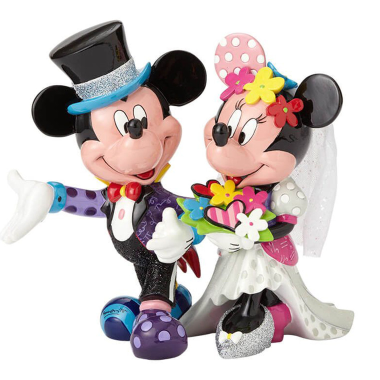 Disney by Britto Mickey and Minnie Mouse wedding figurine with colourful patterns, flowers and formal attire