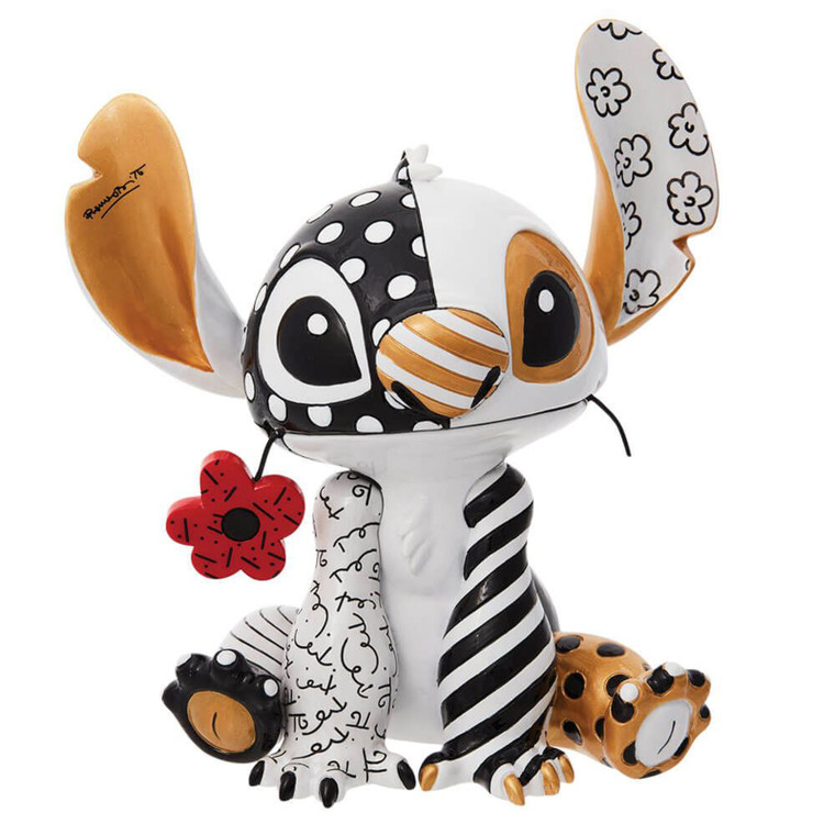 Disney Britto Stitch large figurine in white, black, gold and red with artistic patterns, polka dots, stripes and flower