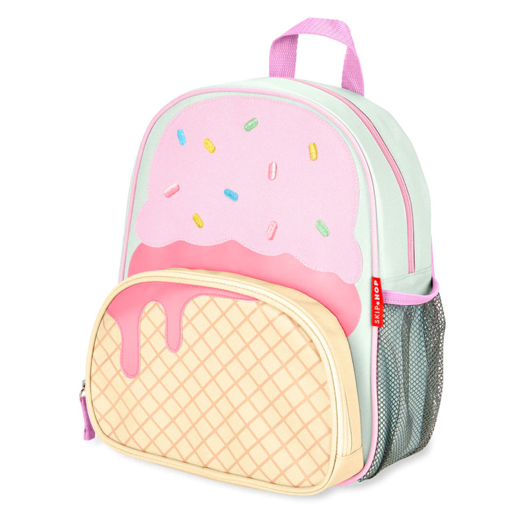 Skip Hop ice cream cone backpack for kids with pink sprinkles, waffle cone pocket and mesh side panel on white background