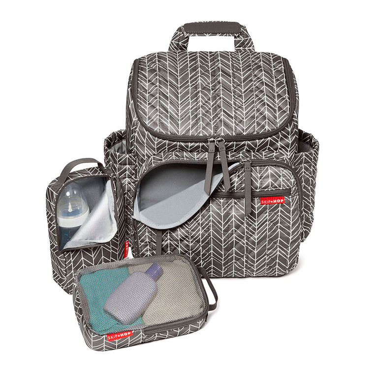 Skip Hop Forma nappy backpack in grey feather print with insulated bottle pocket and mesh storage pouch displayed open