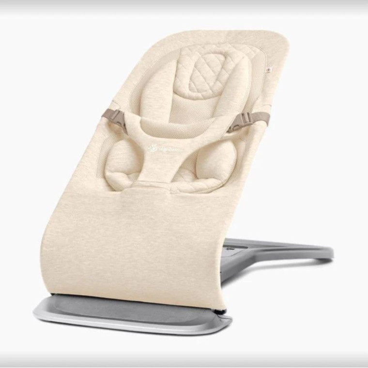 Ergobaby Evolve 3 in 1 Bouncer in cream fabric with grey base, showing padded seat and quilted headrest insert