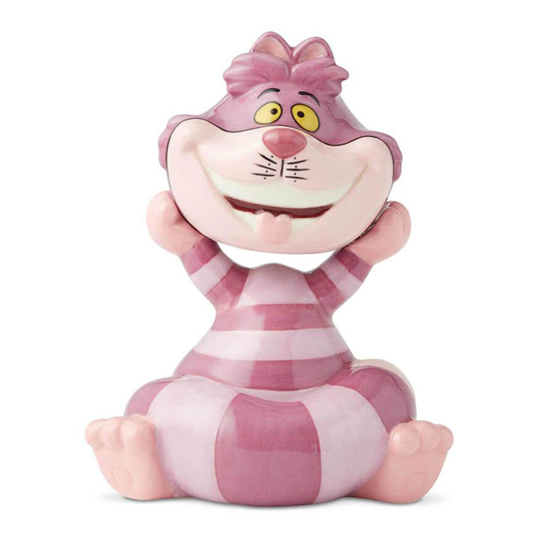 Disney Cheshire Cat pink and white striped ceramic salt and pepper shaker figurine with iconic grin and yellow eyes