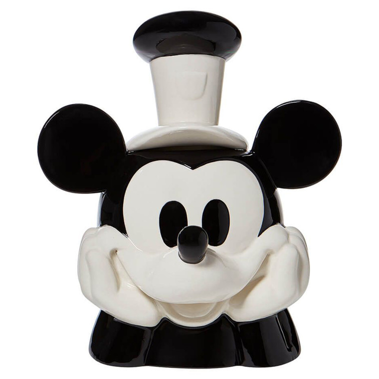Disney Steamboat Willie Mickey Mouse ceramic cookie jar in black and white with chef's hat stopper