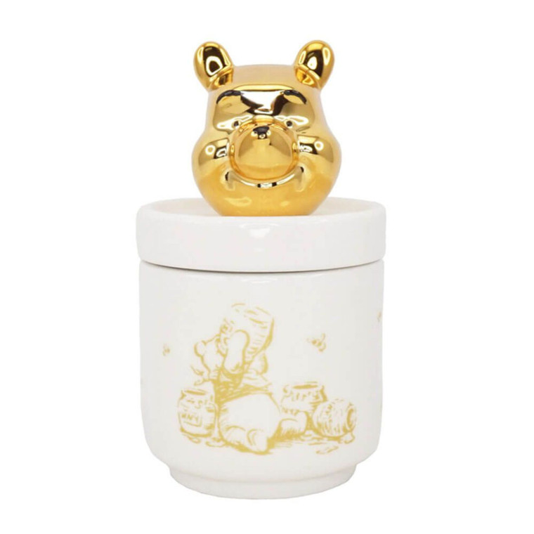 Disney Winnie the Pooh white ceramic collector box with gold bear head lid and illustrated design