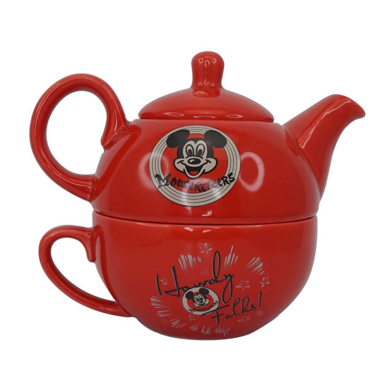 Red ceramic Disney Mickey Mouse Club tea for one set with teapot stacked on matching cup, featuring vintage Mickey graphics