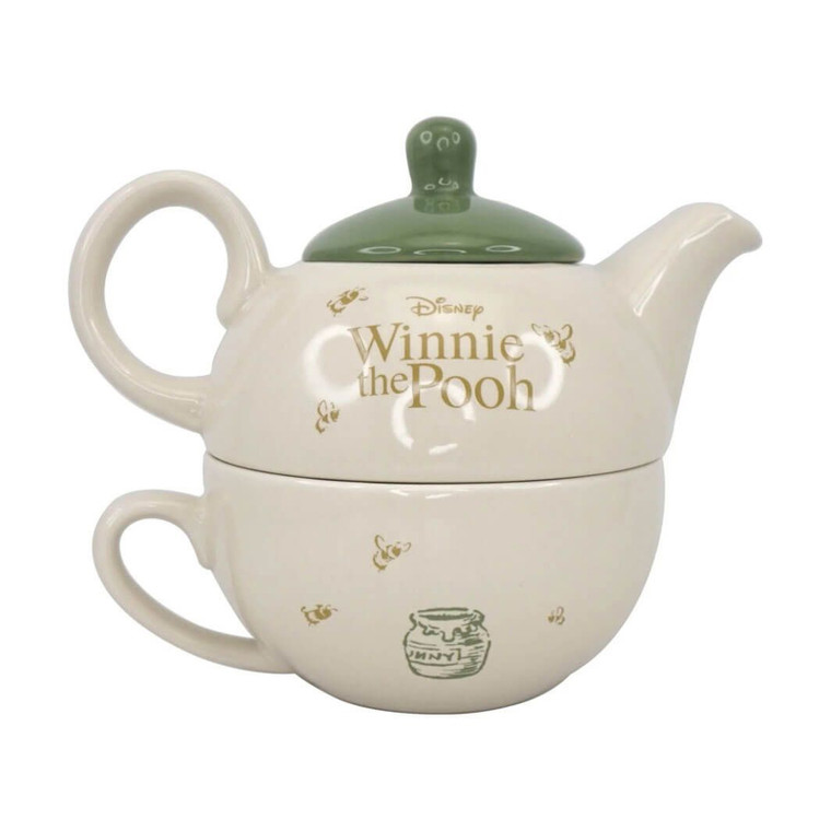 Disney Winnie the Pooh tea for one set with cream ceramic teapot, matching cup and sage green lid featuring honey pot and