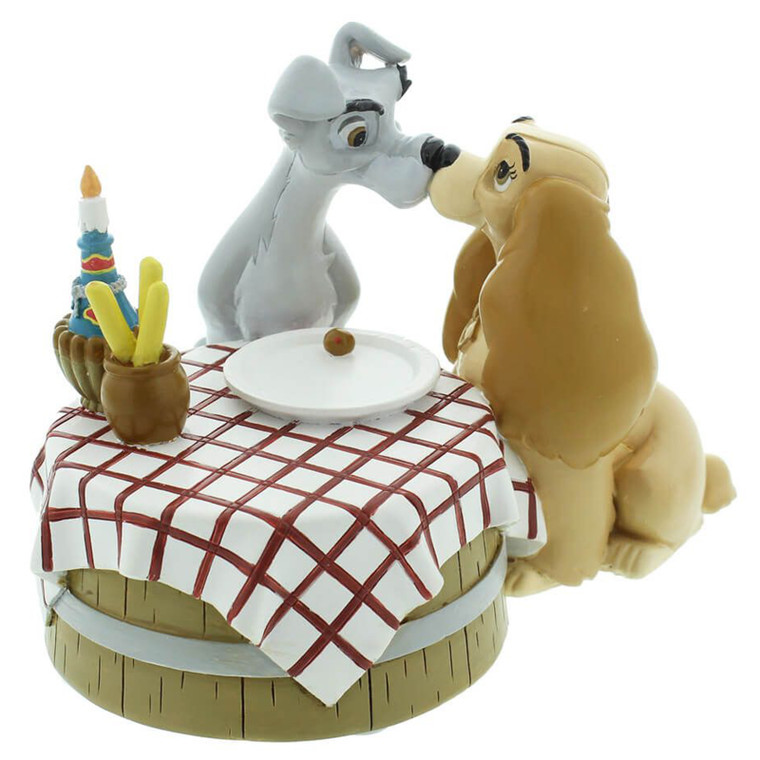 Disney Lady and the Tramp figurine featuring beige and grey dogs at checkered picnic table with candle and plate