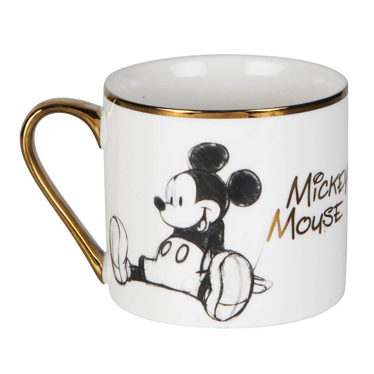 White ceramic Disney Mickey Mouse mug with gold handle and rim, featuring classic black sketch artwork and character name