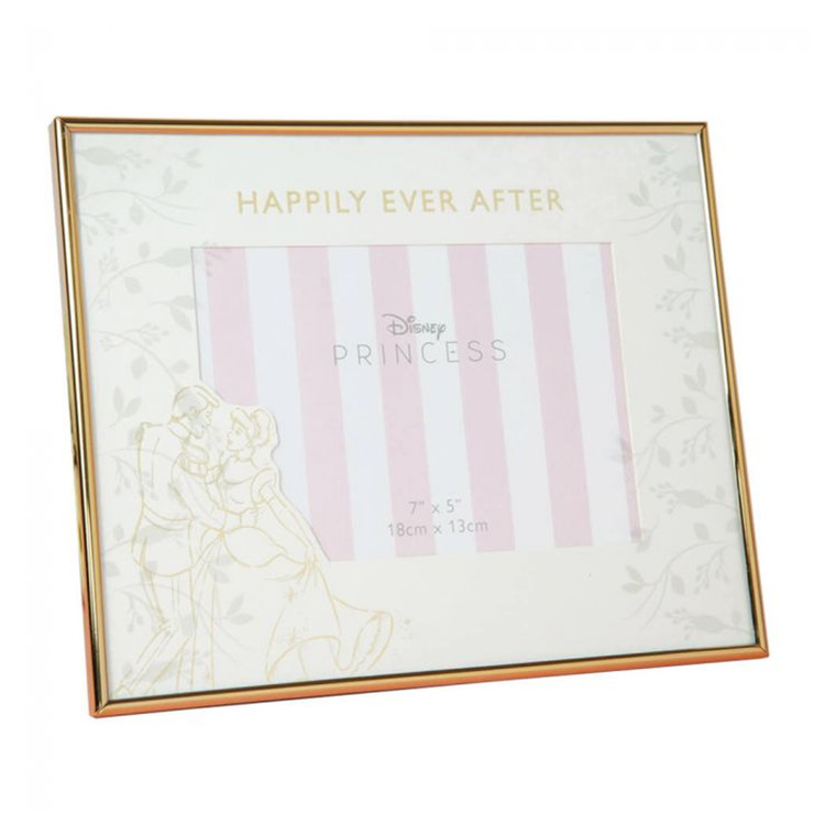 Disney Princess Cinderella wedding photo frame with gold trim, happily ever after text and romantic couple illustration on