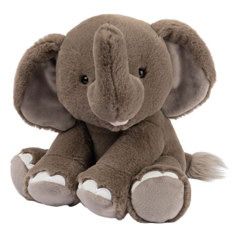 Gund Chai grey plush elephant toy with large ears, trunk and white toe details on a white background, 25cm size