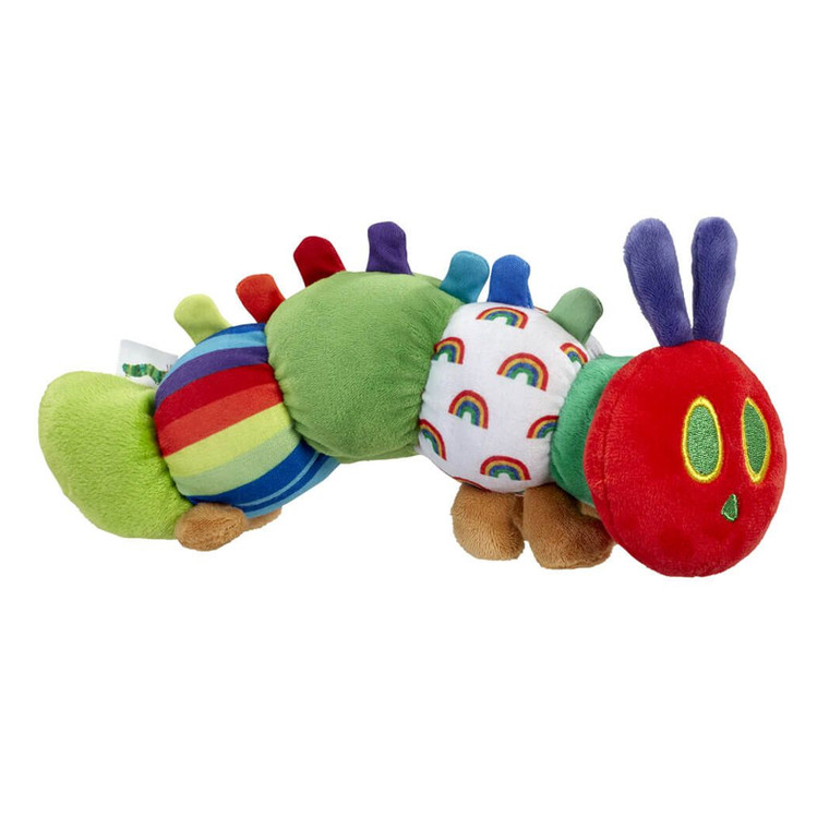 The Very Hungry Caterpillar plush toy with colourful rainbow-patterned segments, purple antennae and embroidered face