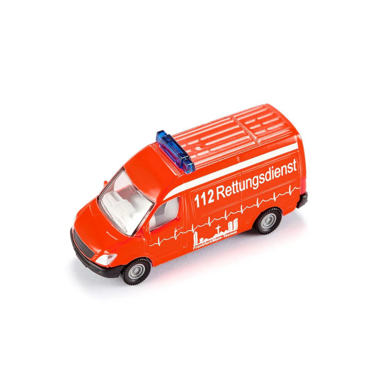 Siku orange diecast ambulance van toy with 112 Rettungsdienst livery and blue light bar on white background