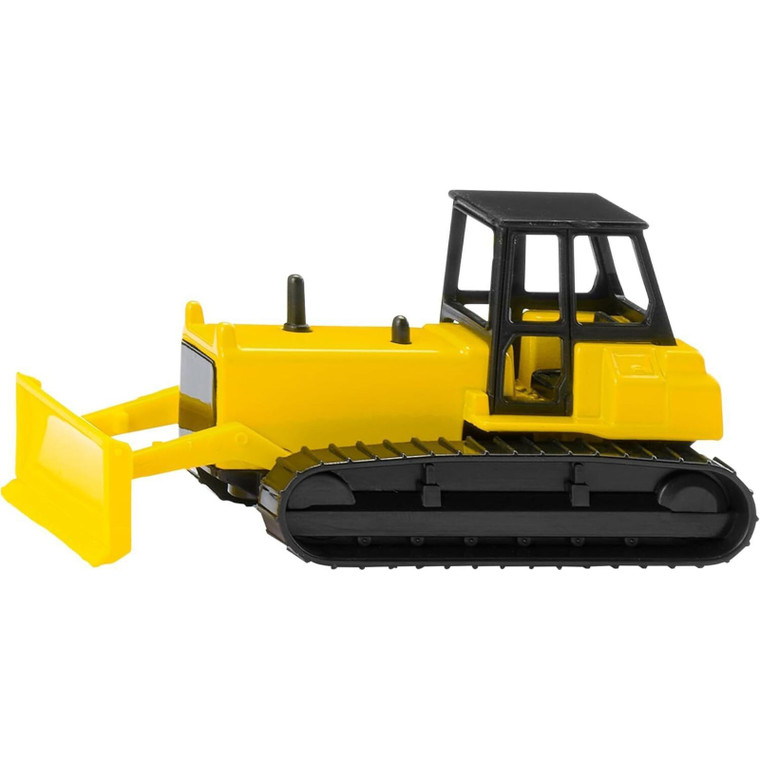 Siku yellow and black diecast bulldozer toy with detailed cab and blade on caterpillar tracks against white background