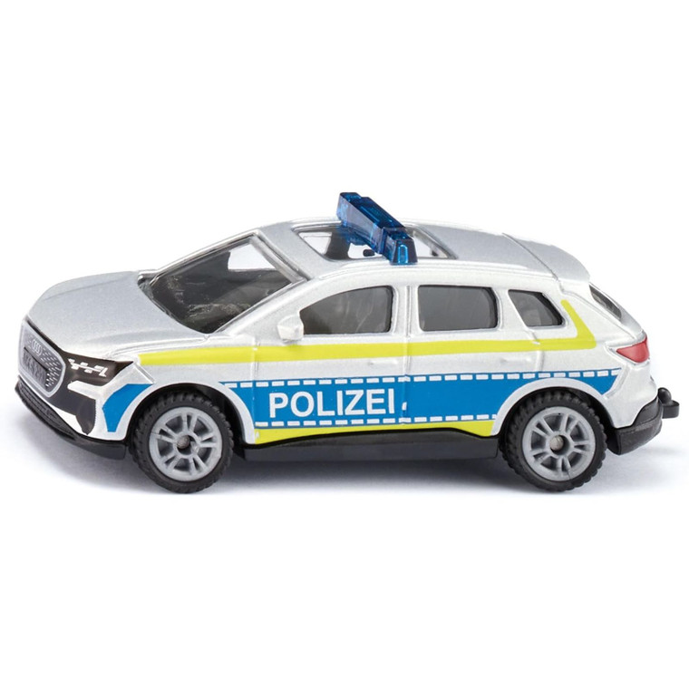 Siku diecast German police SUV toy with silver body, blue and yellow Polizei livery, and roof-mounted light bar