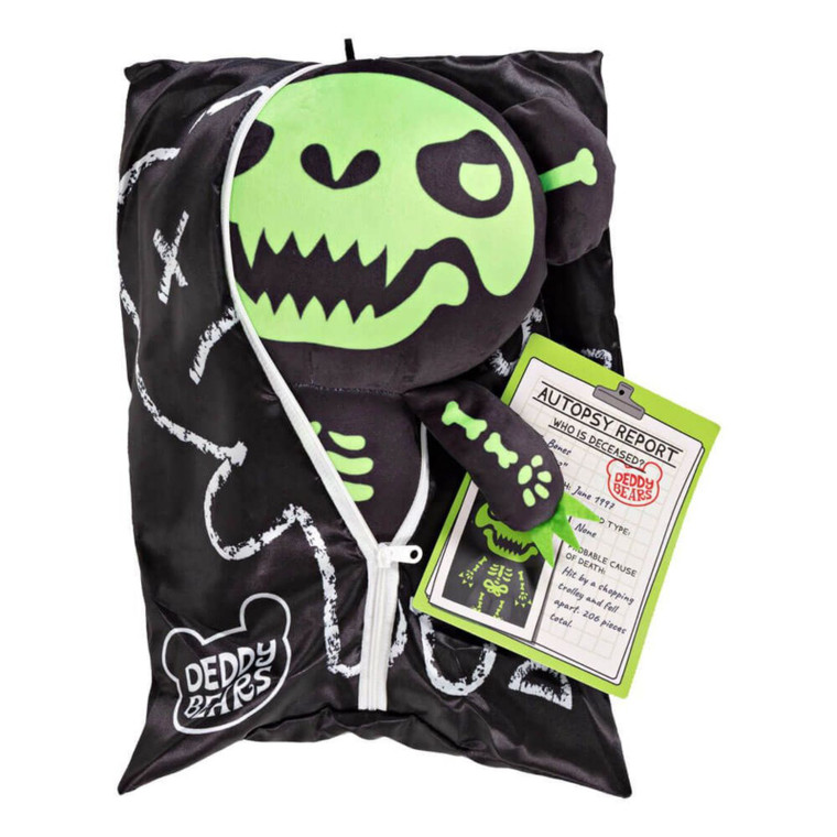 Deddy Bears Bones green skeleton plush in black body bag with autopsy tag
