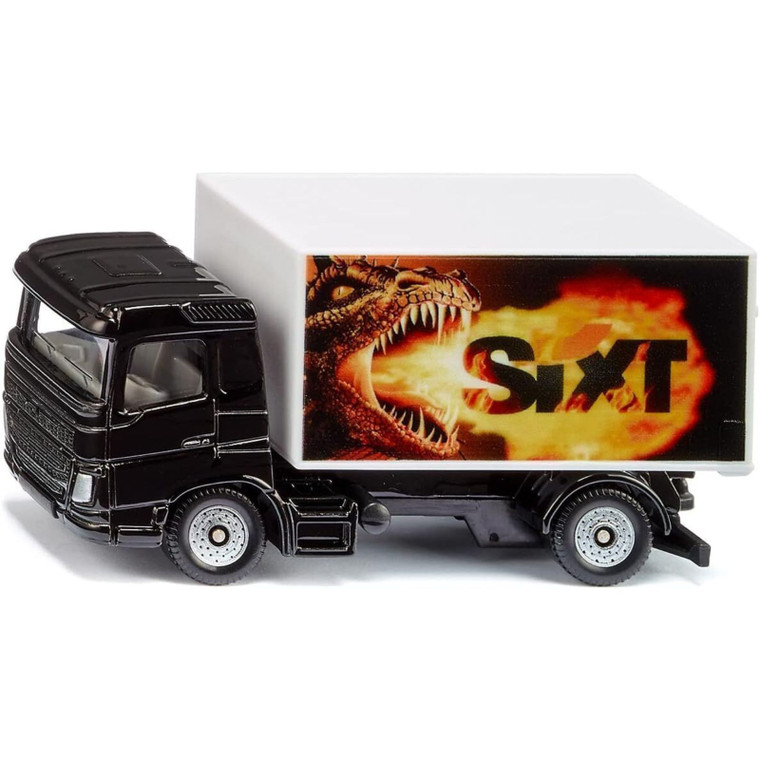 Siku black die-cast removal truck toy with white box body featuring Sixt branding and dragon flame graphics on side panel