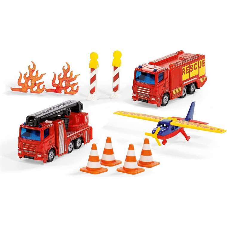 SIKU Fire Brigade Gift Set showing red fire engine with ladder, red rescue truck, blue yellow helicopter and accessories