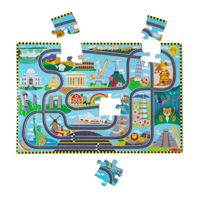 Race Around the World Tracks Floor Puzzle box with age recommendation and features